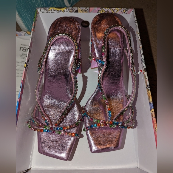 Jeffrey Campbell Size 8 Unite Pink Metallic Bright Multicolored Rhinestones Heel - Picture 5 of 10